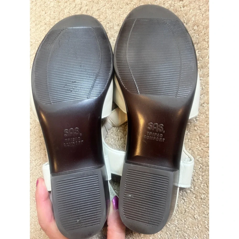 SAS Tripad Comfort White Leather Low Wedge Sandal Hook Loop Strap Womens 9.5 W